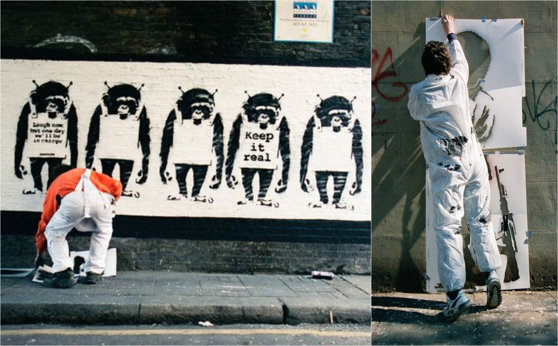 Imaginea articolului Imagini în premieră cu Banksy. Fotografiile cu artistul britanic, surprins în timp ce lucrează, publicate de fostul agent - VIDEO